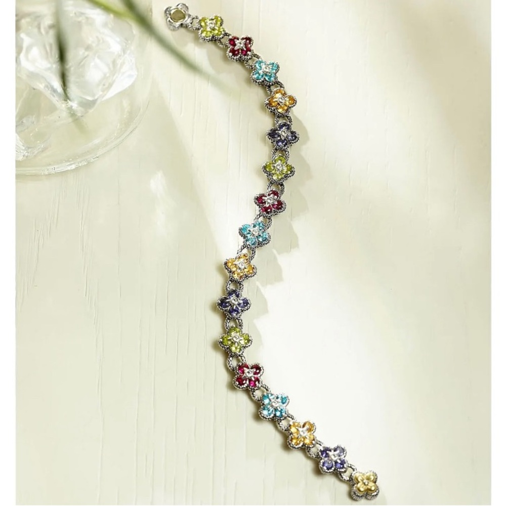 QVC Barbara Bixby Sterling & 18K Gold  7.30 cttw Gemstone Flower 7” Bracelet